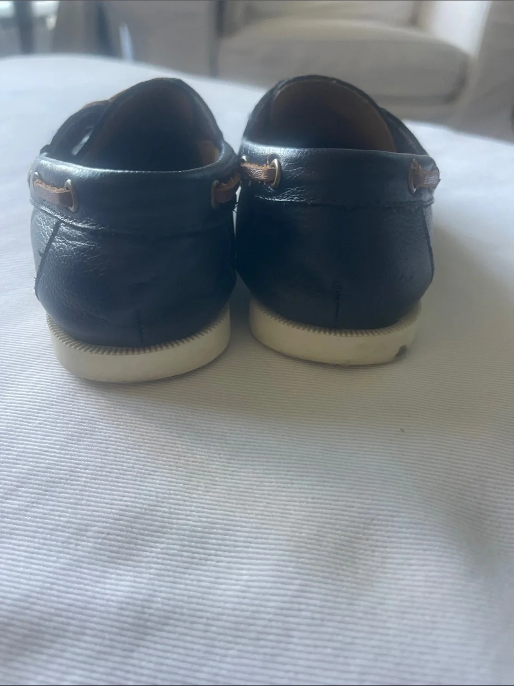 Janie and Jack Boys size 10 Navy Leather Toddler  Boat Shoes with Tan Laces